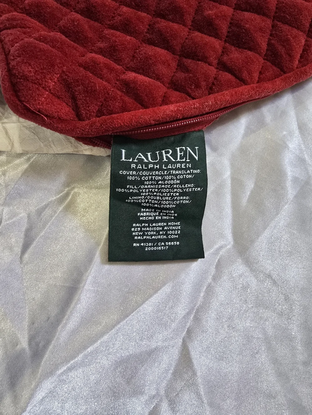Ralph Lauren Home Velvet Throw Pillow Cover in Deep Red